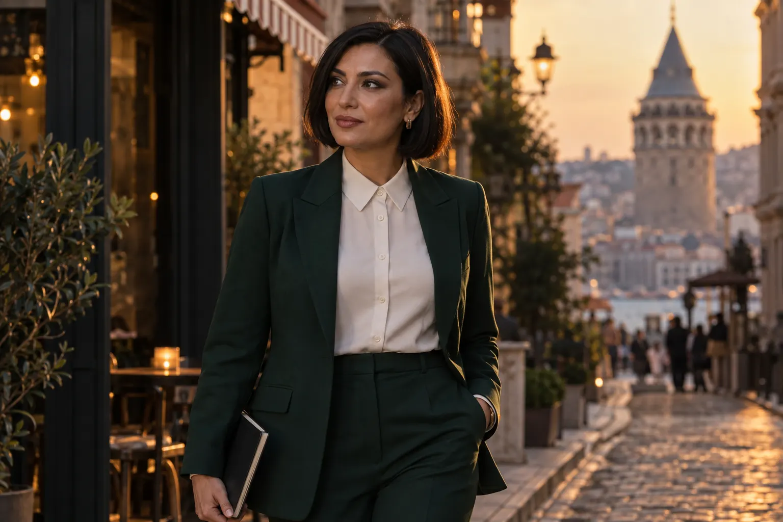 Galata sokak atmosferinde siyah küt saçlı koyu yeşil pantolon takımlı yetişkin kurgu trans kadın; yapay zekâyla üretilmiş moda görseli.