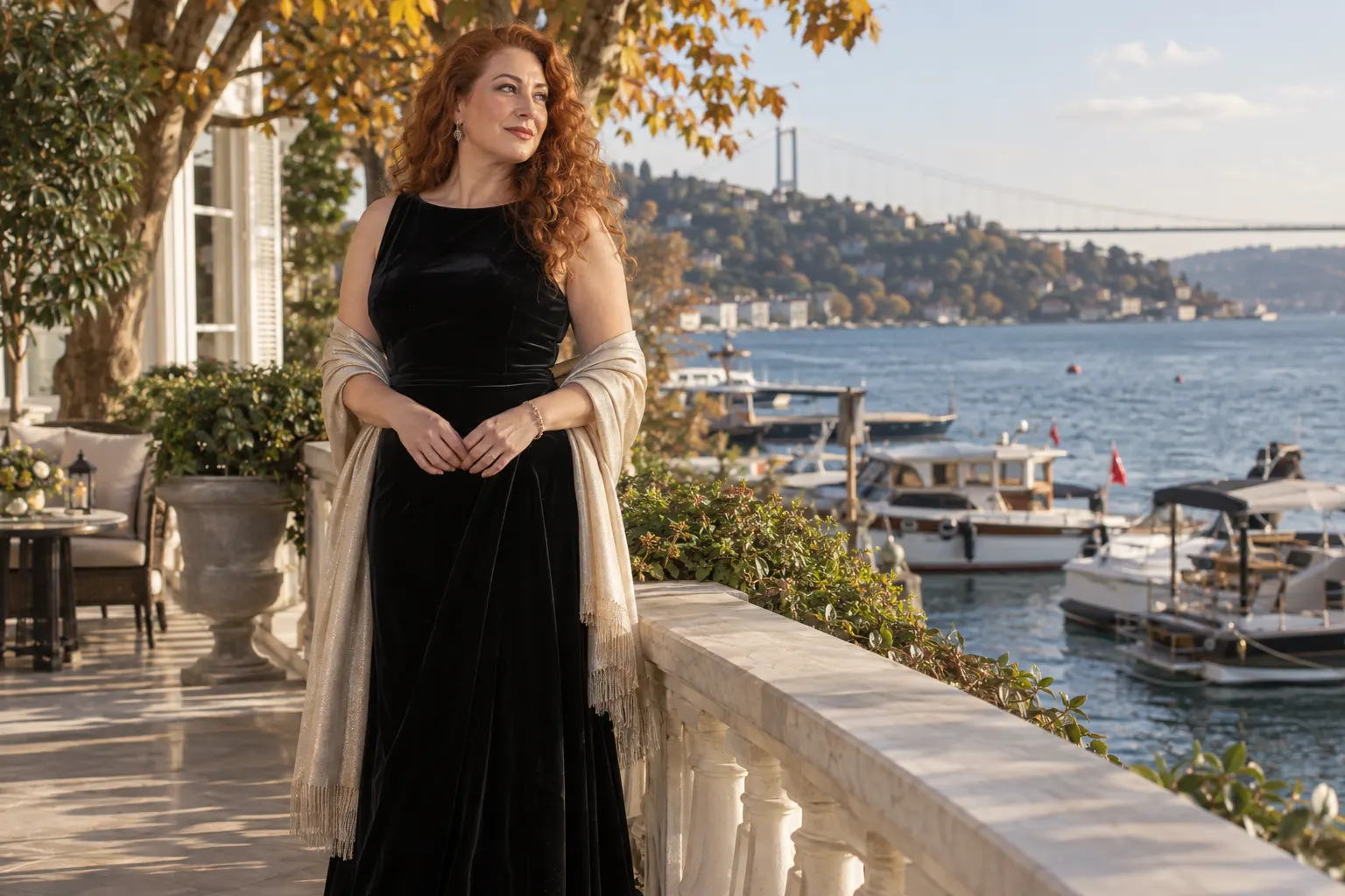 Bebek koyu atmosferinde bakır kıvırcık saçlı siyah kadife elbiseli yetişkin kurgu trans kadın; yapay zekâyla üretilmiş moda görseli.