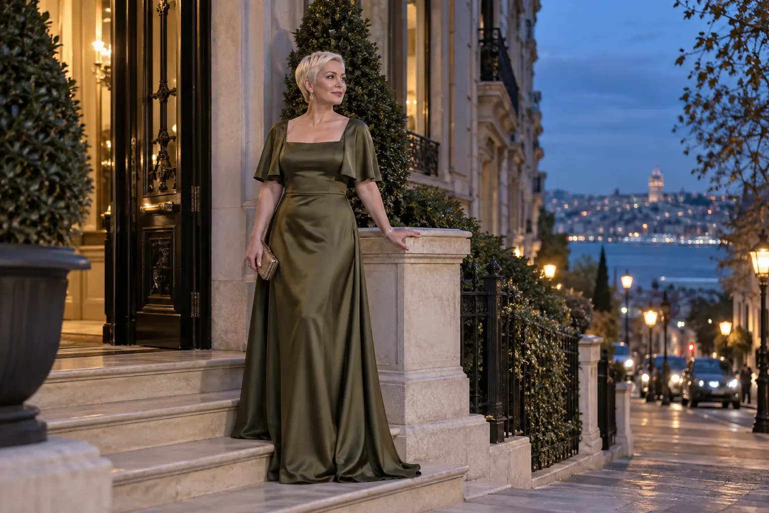 Nişantaşı sokak atmosferinde platin kısa saçlı yosun yeşili elbiseli yetişkin kurgu trans kadın; yapay zekâyla üretilmiş moda görseli.