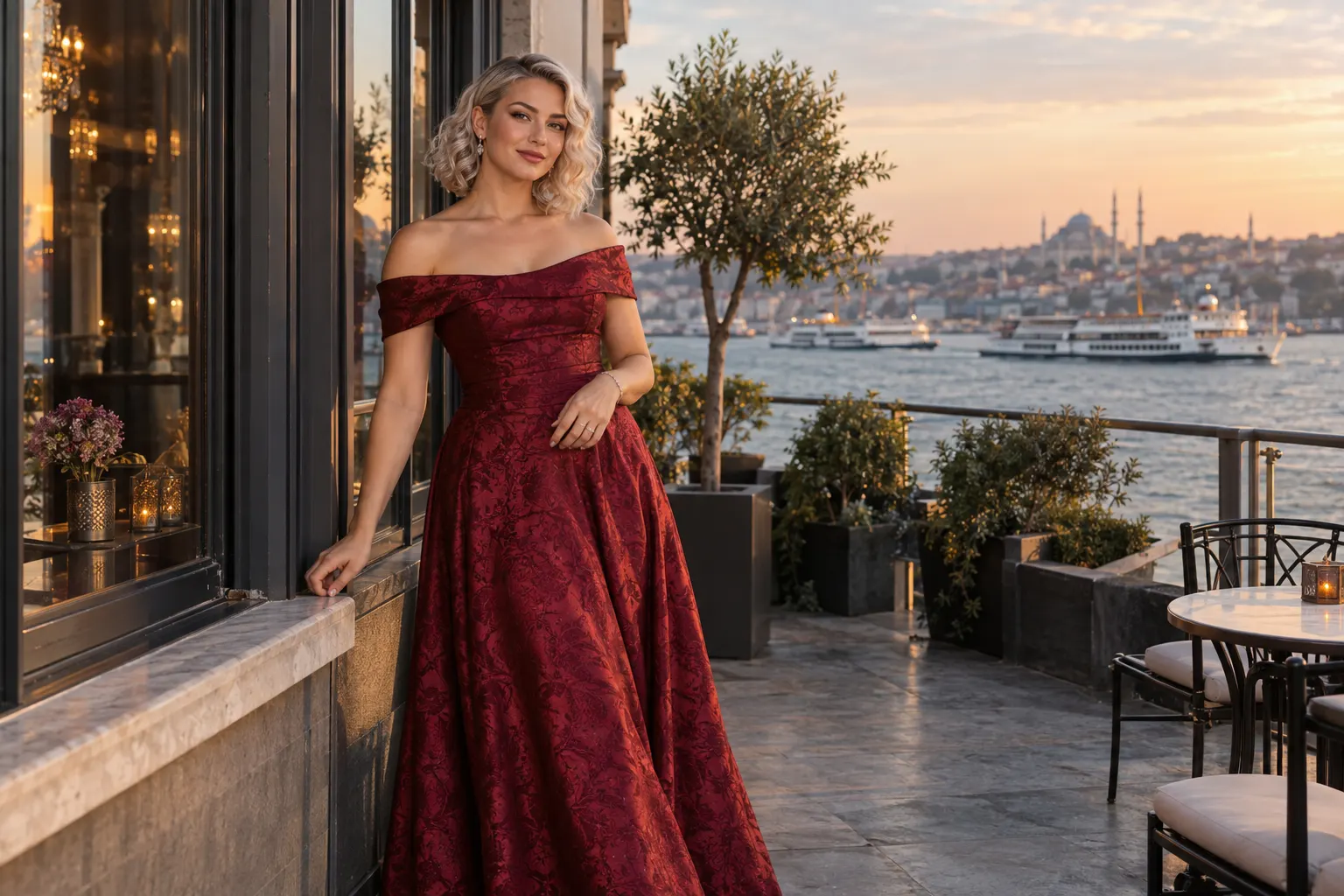 Karaköy kıyı atmosferinde gümüş sarısı dalgalı saçlı yakut rengi jakarlı abiyeli yetişkin kurgu trans kadın; yapay zekâyla üretilmiş moda görseli.