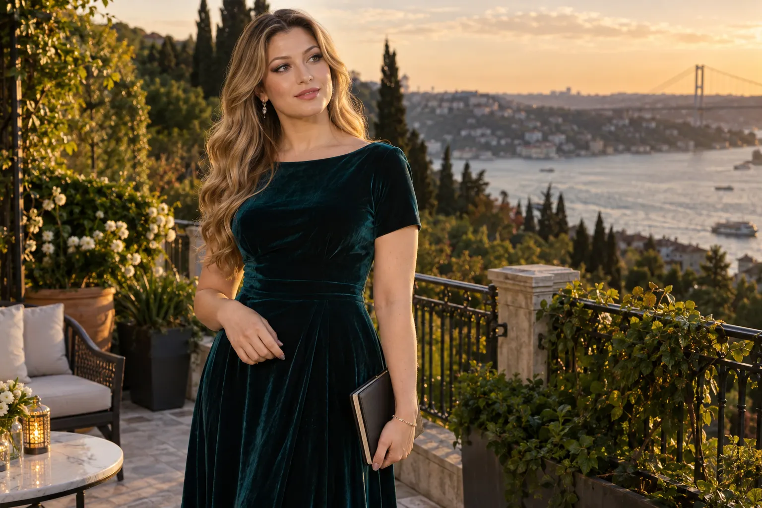 Emirgan teras atmosferinde bal sarısı dalgalı saçlı koyu turkuaz kadife elbiseli yetişkin kurgu trans kadın; yapay zekâyla üretilmiş moda görseli.