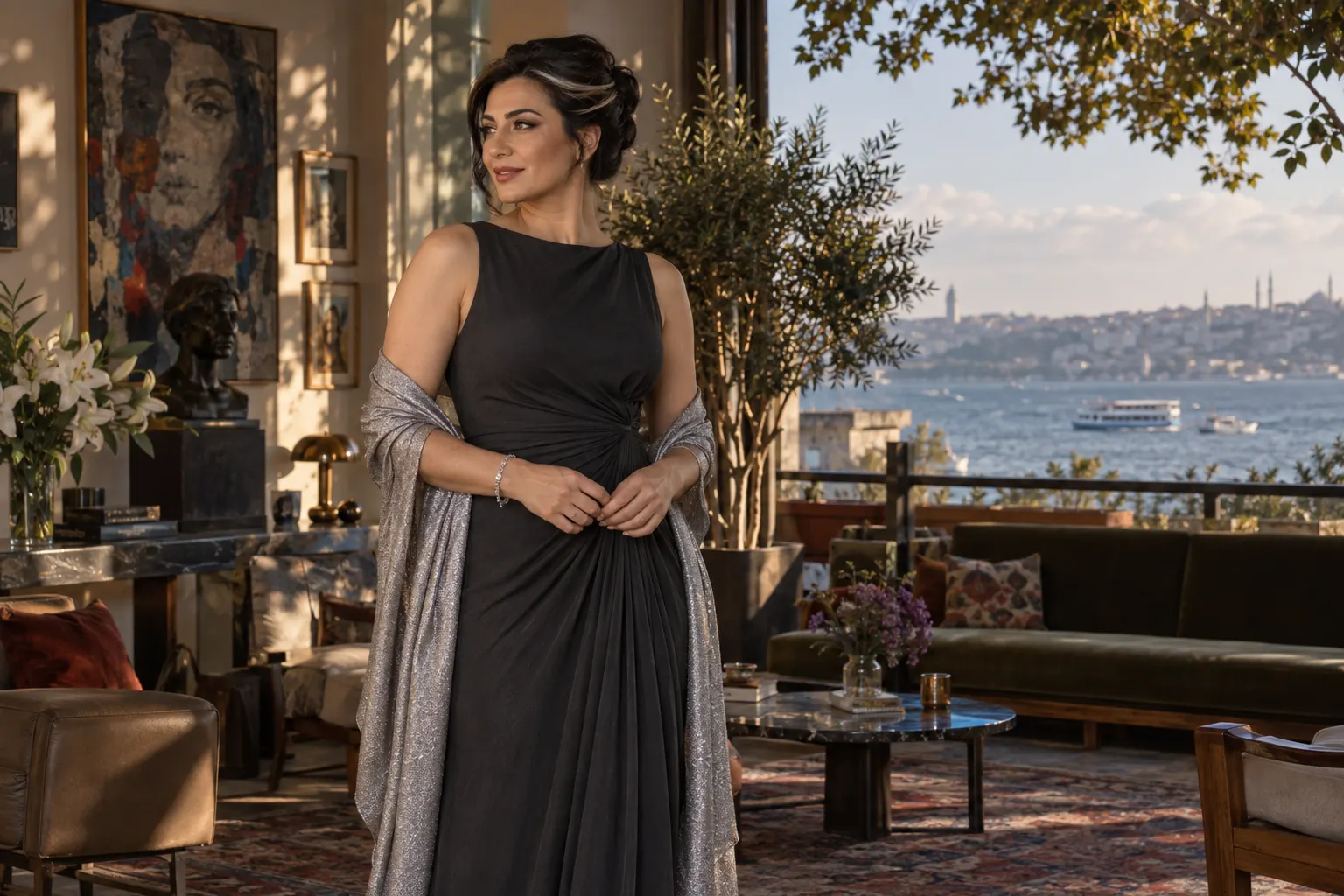 Kadıköy sanat salonu atmosferinde gümüş tutamlı topuzlu gümüş şallı yetişkin kurgu trans kadın; yapay zekâyla üretilmiş moda görseli.