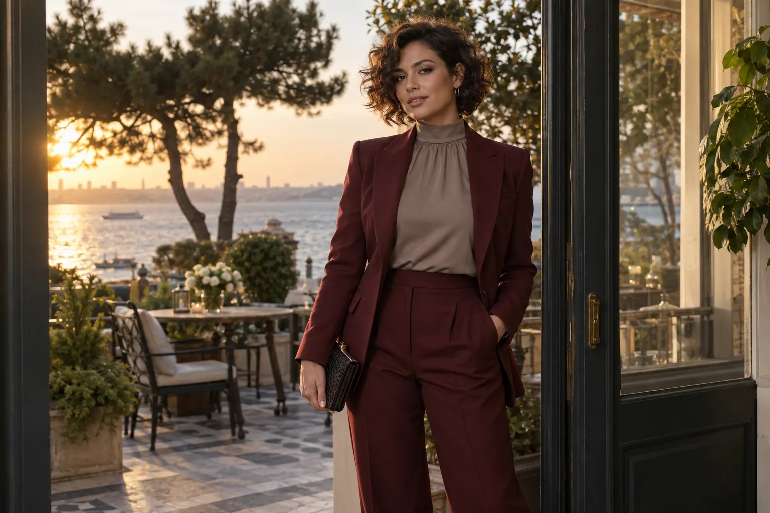 Moda bahçe atmosferinde kahverengi kısa kıvırcık saçlı bordo takımlı yetişkin kurgu trans kadın; yapay zekâyla üretilmiş moda görseli.