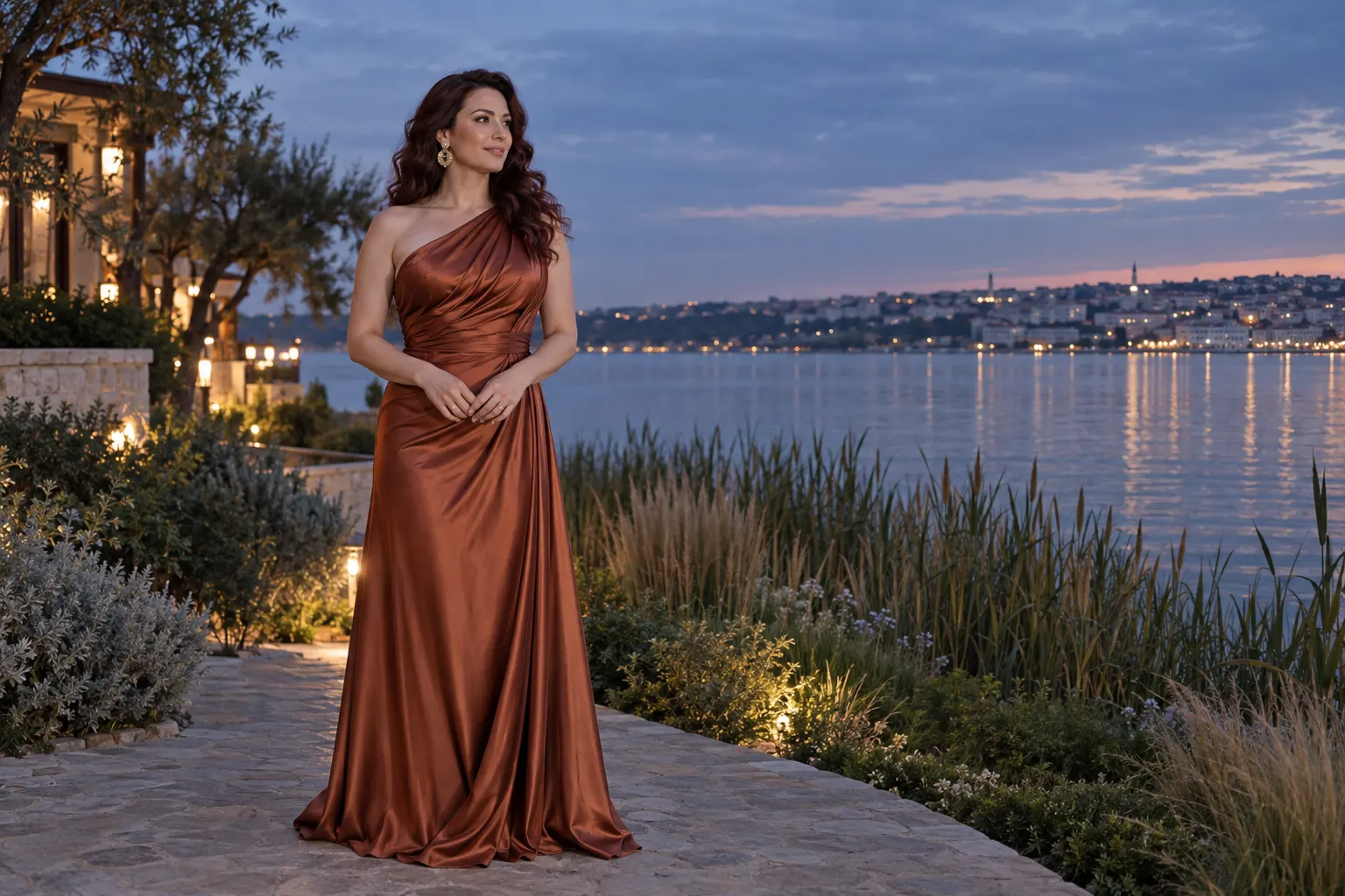 Büyükçekmece kıyı atmosferinde bordo kahve dalgalı saçlı bakır renkli abiyeli yetişkin kurgu trans kadın; yapay zekâyla üretilmiş moda görseli.
